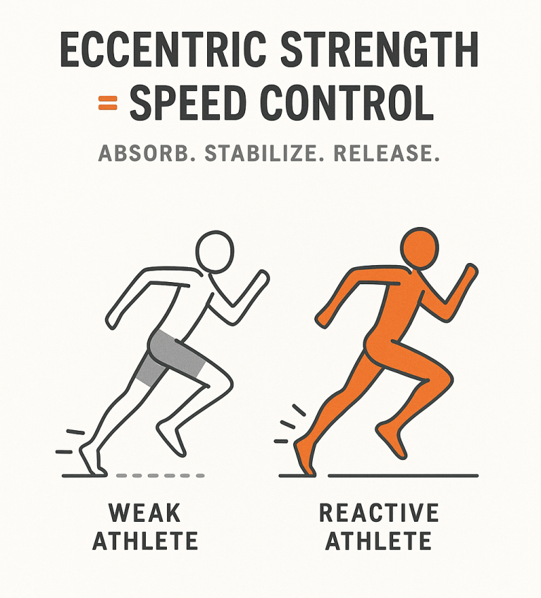Poster with the headline “Eccentric Strength = Speed Control — Absorb. Stabilize. Release.” above two stylized runners: a gray outline labeled “Weak Athlete” on the left with a low, flat push-off and an orange silhouette labeled “Reactive Athlete” on the right showing a strong toe-off.