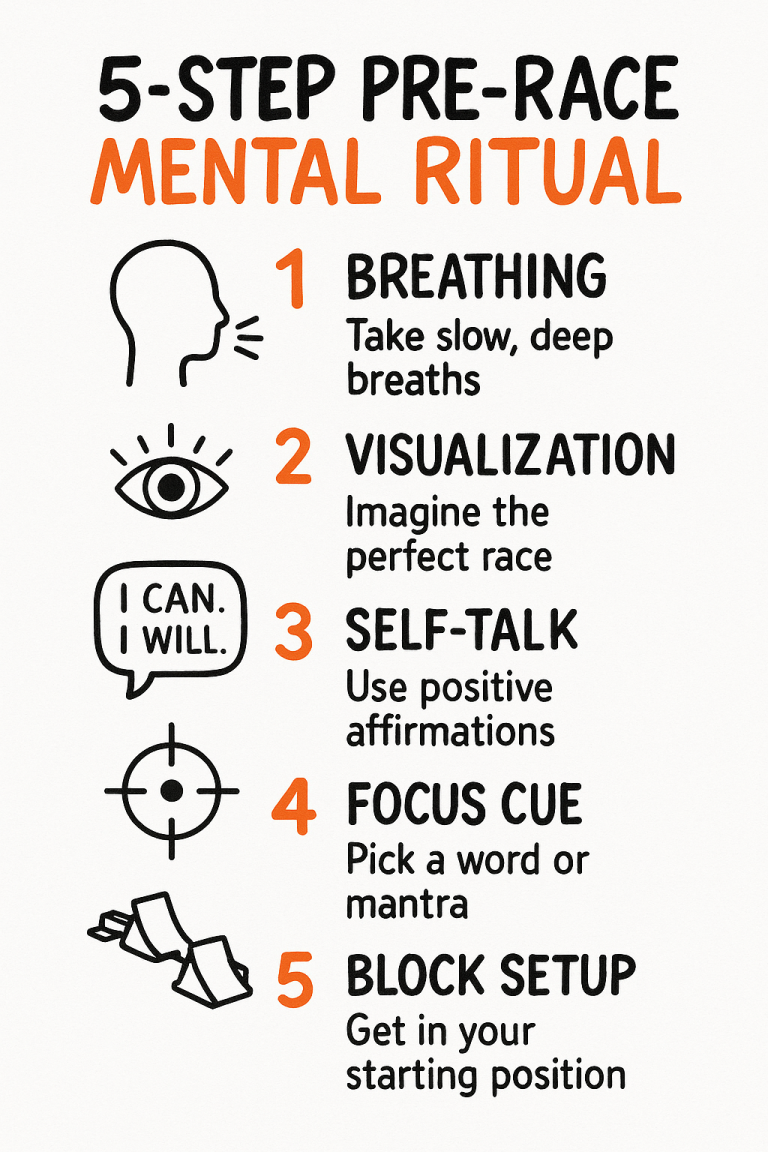 Infographic titled '5-Step Pre-Race Mental Ritual' listing: 1 Breathing — take slow, deep breaths; 2 Visualization — imagine the perfect race; 3 Self-talk — use positive affirmations; 4 Focus cue — pick a word or mantra; 5 Block setup — get in your starting position, each step accompanied by a simple icon.