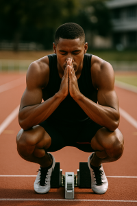 Athlete in a black sleeveless top squats at a starting block on an outdoor track with hands pressed together and eyes closed, appearing focused before a race.