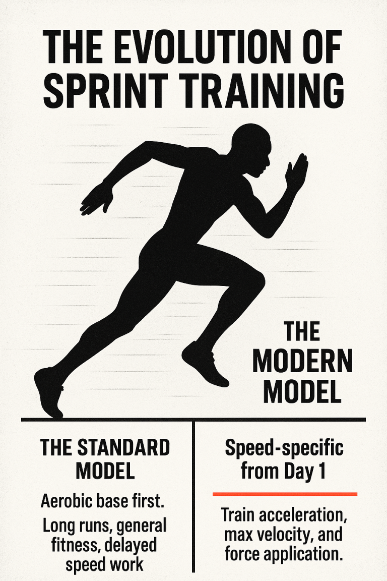 Poster titled The Evolution of Sprint Training with a black silhouette of a sprinter in mid-stride and two columns comparing The Standard Model (aerobic base first: long runs, general fitness, delayed speed work) and The Modern Model (speed-specific from day one: train acceleration, max velocity, and force application).