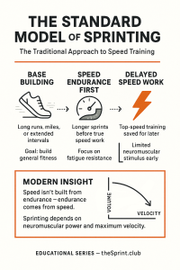 Infographic titled “The Standard Model of Sprinting” showing three columns (base-building with a running shoe for long runs to build general fitness, speed-endurance-first with a speedometer to focus on fatigue resistance, and delayed speed work with a lightning bolt indicating top-speed training saved for later) and a highlighted “Modern Insight” box stating that speed builds endurance, sprinting depends on neuromuscular power and maximum velocity with a small volume-vs-velocity graph.