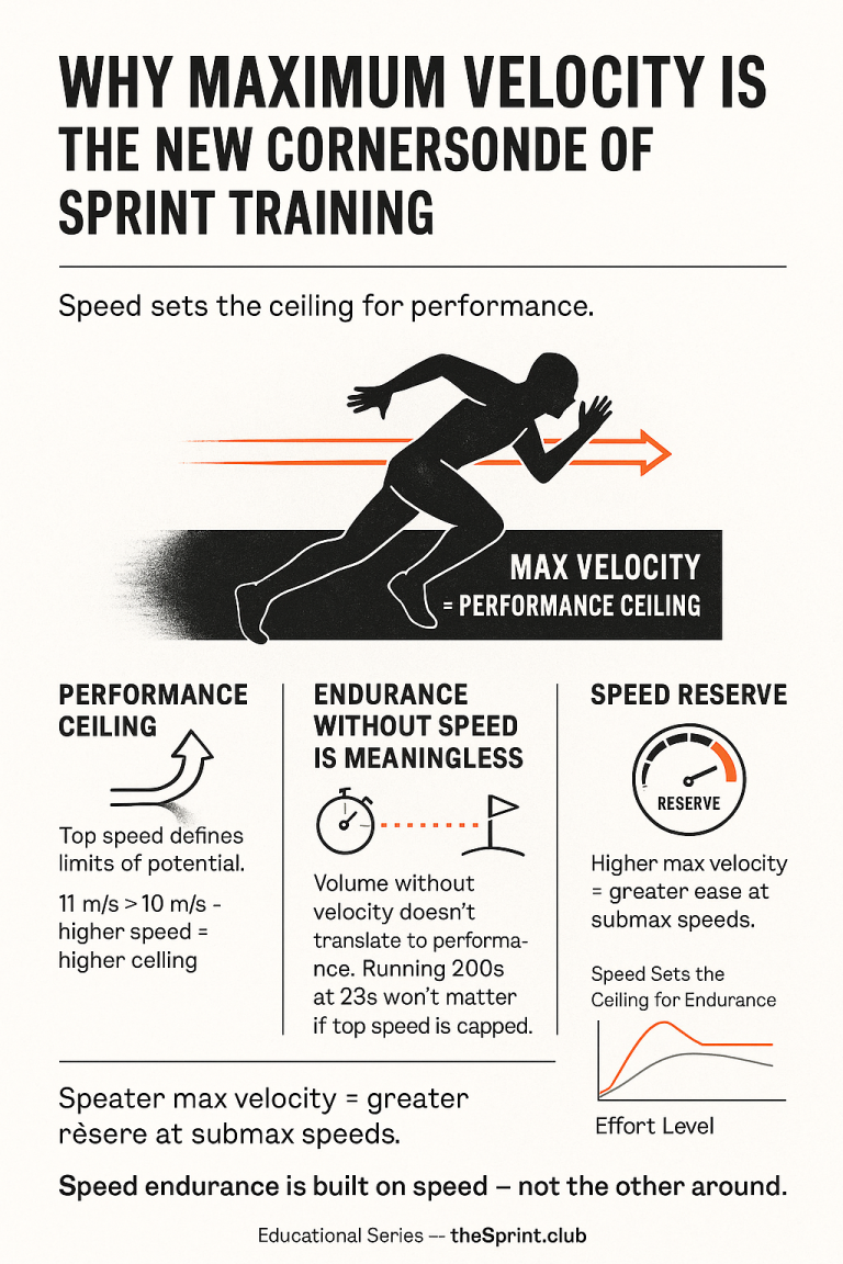 Infographic titled "Why Maximum Velocity Is the New Cornerstone of Sprint Training" showing a silhouetted sprinter with forward arrows and a label "Max Velocity = Performance Ceiling," plus three panels: "Performance Ceiling" (top speed defines limits of potential), "Endurance Without Speed Is Meaningless" (volume without velocity won’t translate to performance), and "Speed Reserve" (higher max velocity gives greater ease at submax speeds) with a small effort-versus-performance graph and concluding line that speed endurance is built on speed.