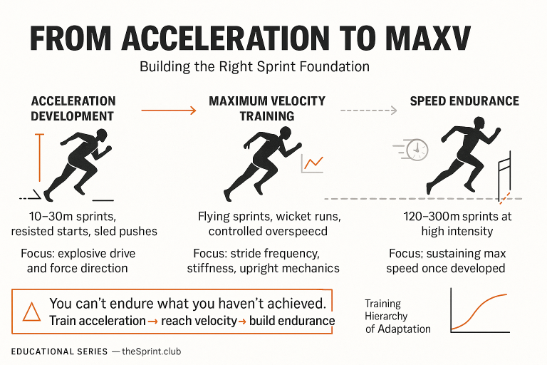 Infographic titled “From Acceleration to MaxV — Building the Right Sprint Foundation” showing three illustrated stages—Acceleration Development (10–30m sprints, resisted starts, sled pushes; focus: explosive drive and force direction), Maximum Velocity Training (flying sprints, wicket runs, controlled overspeed; focus: stride frequency, stiffness, upright mechanics), and Speed Endurance (120–300m sprints at high intensity; focus: sustaining max speed)—with running silhouettes, arrows linking the stages, a warning box stating “You can’t endure what you haven’t achieved — Train acceleration → reach velocity → build endurance,” and a small training adaptation curve.