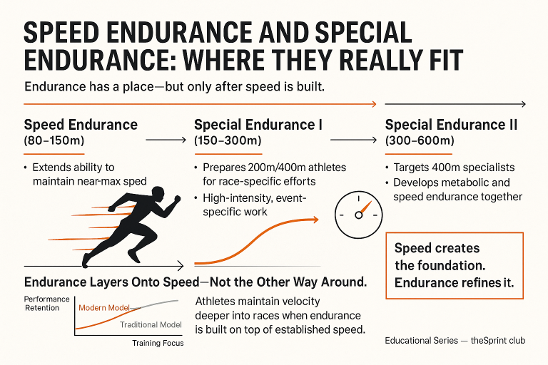 Infographic titled “Speed Endurance and Special Endurance: Where They Really Fit,” showing three columns: Speed Endurance (80–150m) that extends near‑max speed, Special Endurance I (150–300m) preparing 200/400m athletes with high‑intensity event work, and Special Endurance II (300–600m) targeting 400m specialists to develop metabolic and speed endurance, accompanied by a sprinter silhouette, a small performance‑retention chart and the key messages “Endurance layers onto speed—not the other way around” and “Speed creates the foundation. Endurance refines it.”