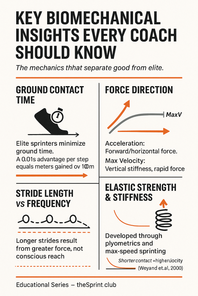 Infographic titled “Key Biomechanical Insights Every Coach Should Know” divided into four panels: “Ground Contact Time” with a shoe and stopwatch noting elite sprinters minimize contact time (0.01s per step advantage), “Force Direction” with arrows and a velocity curve explaining acceleration requires forward/horizontal force while max velocity requires vertical stiffness and rapid force, “Stride Length vs Frequency” with a dotted stride illustration stating longer strides result from greater force not conscious reach, and “Elastic Strength & Stiffness” with a spring icon noting development through plyometrics and max-speed sprinting.