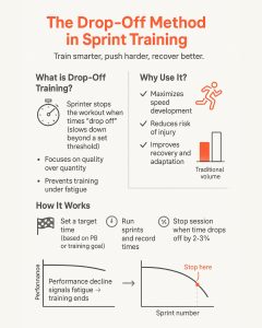 Infographic titled “The Drop‑Off Method in Sprint Training” that explains sprinters stop a session when times slow beyond a set threshold, highlights benefits (maximizes speed development, reduces injury risk, improves recovery), notes focus on quality over quantity and preventing training under fatigue, outlines steps (set a target time, run and record sprints, stop when times drop 2–3%), and shows icons and a performance‑vs‑sprint graph with a marked “Stop here” point.