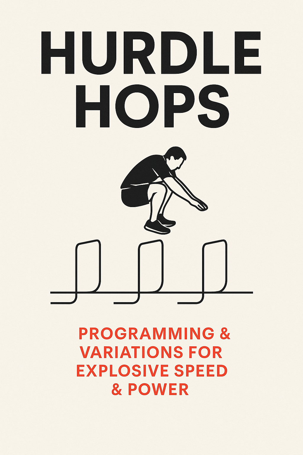Poster with bold title “HURDLE HOPS,” a black silhouette of an athlete crouched mid-air above three stylized hurdles, and a red subtitle reading “PROGRAMMING & VARIATIONS FOR EXPLOSIVE SPEED & POWER” on a light background.