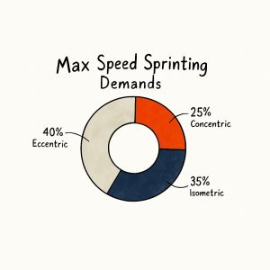 Donut chart titled "Max Speed Sprinting Demands" with three labeled segments: 25% Concentric (orange), 35% Isometric (dark blue), and 40% Eccentric (light beige).