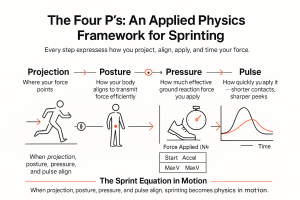 Infographic titled The Four P's: An Applied Physics Framework for Sprinting, showing four labeled stages — Projection (where your force points) illustrated by a running figure, Posture (how your body aligns) shown by a standing figure with a torso alignment dot, Pressure (effective ground reaction force) depicted by a shoe and stopwatch, and Pulse (how quickly you apply force) represented by a force-versus-time graph, with a bottom caption The Sprint Equation in Motion.