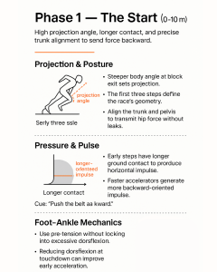 Infographic titled "Phase 1 — The Start (0–10 m)" explaining sprint-start mechanics with a leaning sprinter diagram labeled "projection angle," bullet points on projection and posture, a shaded impulse graph labeled "longer contact" showing horizontal/backward-oriented impulse, and foot–ankle mechanics tips about pre-tension and reducing dorsiflexion.
