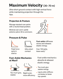 Infographic titled "Maximum Velocity (30–70 m)" explaining sprint mechanics with a stick-figure leaning forward and upward arrow, notes on ribcage stacked over pelvis and neutral head, graphs showing peak force early in stance and ultra-short contact, text about foot-ankle stiffness storing and releasing elastic energy with cue "Hit early, leave early," and foot-spring illustrations contrasting "too much give wastes energy" with a "rigid lever, more efficiency" summary.