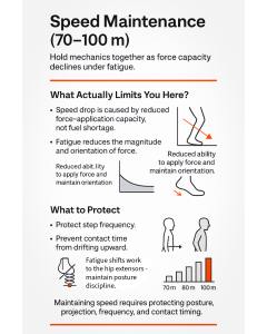 Infographic titled "Speed Maintenance (70–100 m)" summarizing that fatigue reduces force-application capacity and force orientation during late sprinting, with bullets and simple illustrations (foot force vectors, a declining force graph, and a foot contact sketch) explaining causes, recommendations to protect step frequency, prevent increased contact time, maintain posture and hip-extensor discipline, and a small bar chart comparing 70 m, 80 m, and 100 m.