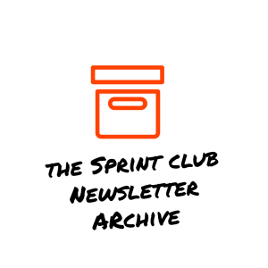 Orange outlined archive box icon above handwritten black text reading “The Sprint Club Newsletter Archive” on a white background.