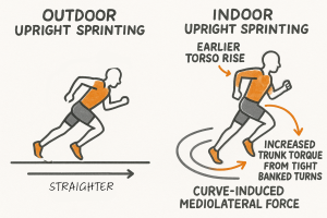 Side-by-side schematic: left shows outdoor upright sprinting with a forward-leaning runner on a straight track labeled “straighter,” right shows indoor upright sprinting with a more upright runner on a banked curve with arrows and labels noting earlier torso rise, curve-induced mediolateral force, and increased trunk torque from tight banked turns.