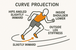Illustrated diagram titled “Curve Projection” showing a runner in an orange tank and shoes leaning into a turn with hips angled slightly inward, the inside shoulder lower, outside leg stiffness, and a slightly inward foot trajectory.