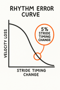Graph titled 'Rhythm Error Curve' with vertical axis labeled 'Velocity Loss' and horizontal axis labeled 'Stride Timing Change', showing a downward-curving line and an orange circle highlighting a point labeled '5% Stride Timing Change'.