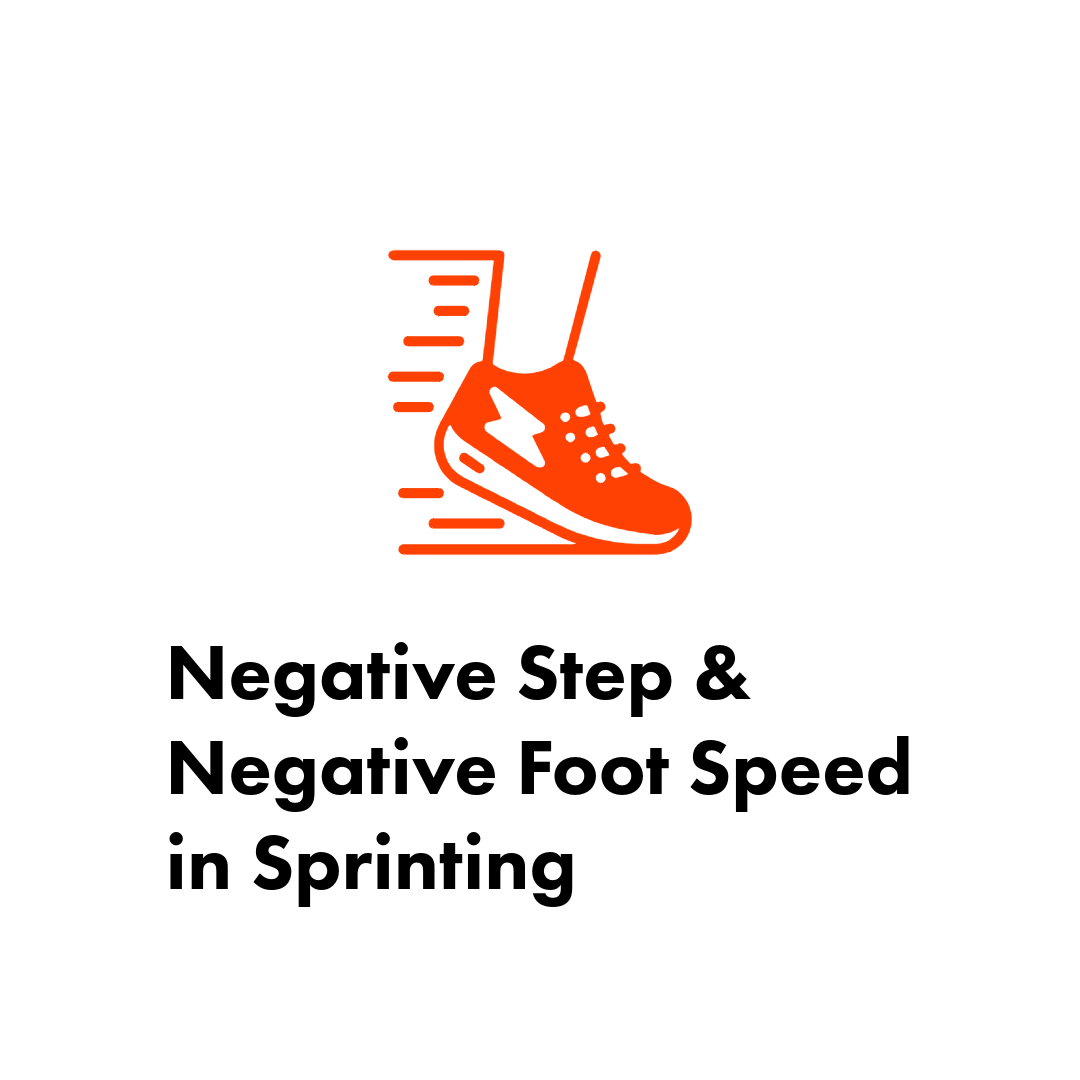 Orange running shoe icon with motion lines above bold black text that reads Negative Step & Negative Foot Speed in Sprinting
