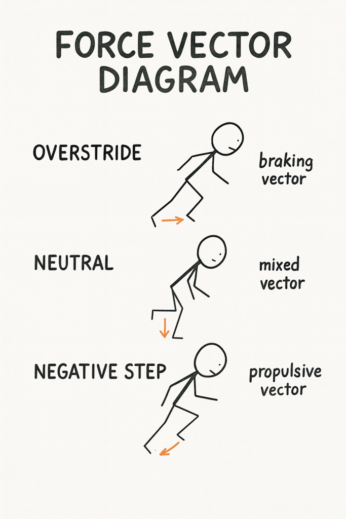 Diagram titled “FORCE VECTOR DIAGRAM” showing three stick-figure running poses labeled Overstride (top) with a forward-pointing orange braking arrow at the landing foot, Neutral (middle) with a downward orange mixed-force arrow, and Negative Step (bottom) with a backward-pointing orange propulsive arrow, each matched to the labels “braking vector,” “mixed vector,” and “propulsive vector.”