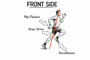 Runner sketch in front-side view with arrows for hip flexion, knee drive and dorsiflexion, plus an orange diagonal line.