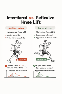 Infographic: intentional (position-driven) knee lift = braking/delayed; reflexive (force-driven) = propulsion/rapid