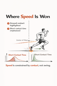 Infographic of a sprinter pushing off with highlighted short ground contact, dashed center-of-mass line and timing graphs.
