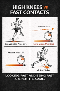 Infographic comparing high knees (exaggerated knee lift and long ground contact) versus fast contacts (modest knee lift and quick, violent strike).