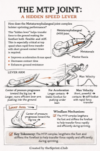 Diagram showing the MTP joint and plantar fascia functioning as a lever to stiffen and lengthen the forefoot for sprinting.