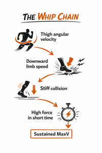 Diagram of Whip Chain: thigh angular velocity → limb downward speed → stiff collision → high brief force → Sustained MaxV