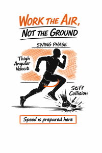 Runner silhouette mid-swing with arrows indicating thigh angular velocity and hip rotation, foot labeled stiff collision