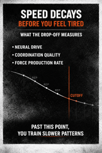 Poster titled Speed decays before you feel tired, lists neural drive/coordination/force rate and shows a curve with an orange cutoff