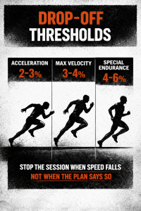 Drop-Off Thresholds poster with three runner silhouettes and columns: Accel 2–3%, Max V 3–4%, Special Endur 4–6%.
