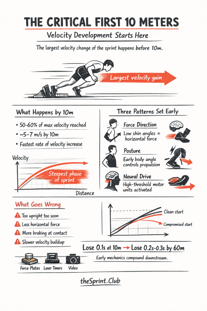Infographic of a sprinter accelerating from blocks with Largest velocity gain arrow and tips on force, posture, neural drive.