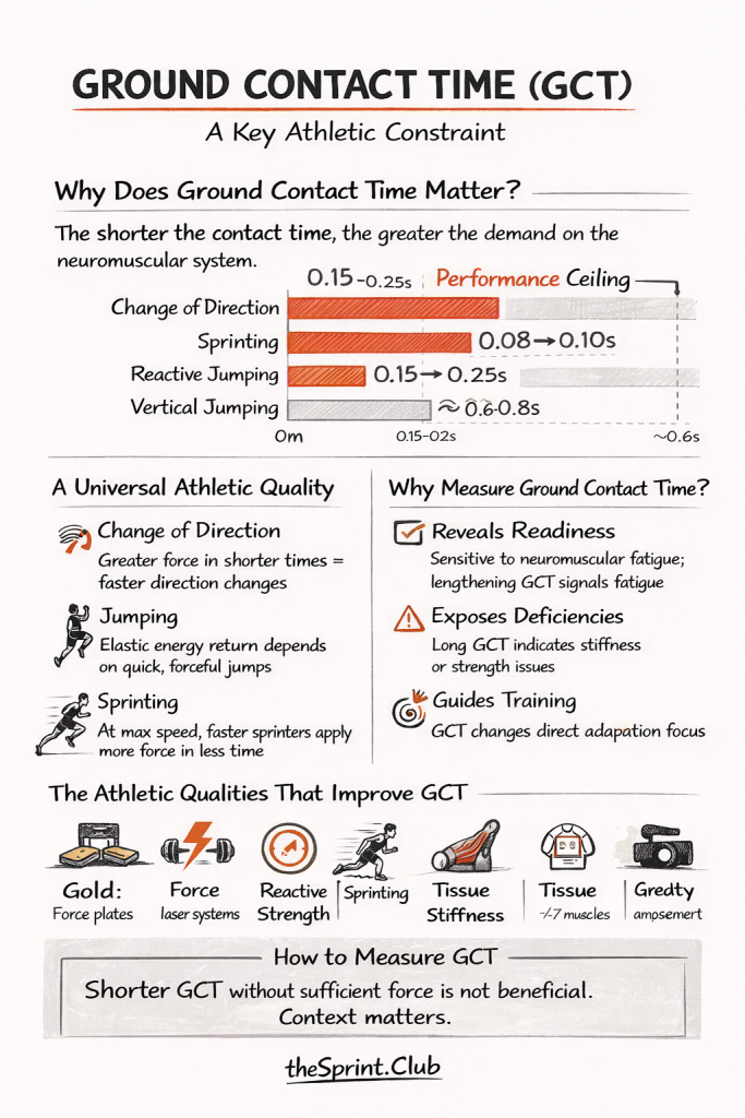 Ground Contact Time infographic showing ranges for change of direction, sprinting, jumping with measurement and training tips.
