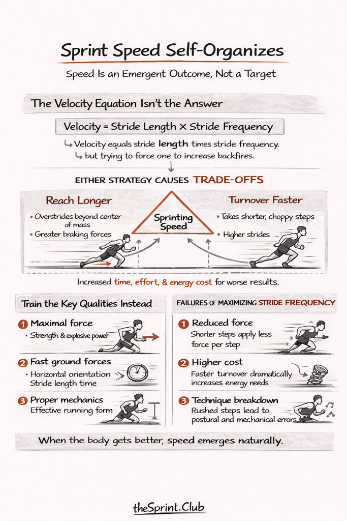 Infographic about sprint speed showing the velocity equation, trade-offs between stride length and frequency, and recommended training qualities.