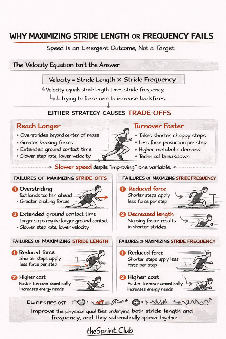 Infographic explaining why forcing longer strides or faster turnover backfires: overstriding, reduced force, higher cost.