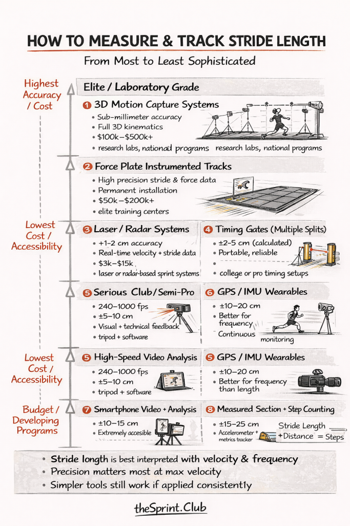Infographic listing eight methods to measure stride length, ranked by accuracy/cost from 3D motion capture to step counting.