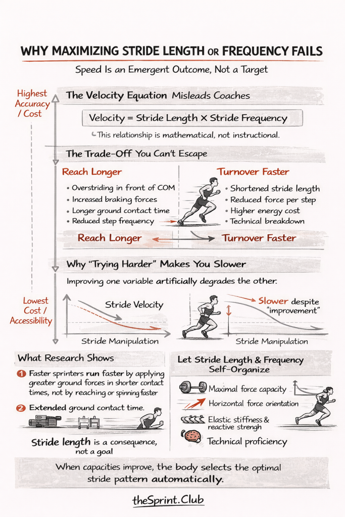 Infographic explaining why targeting stride length or frequency fails, with the velocity equation, trade-offs and tips.