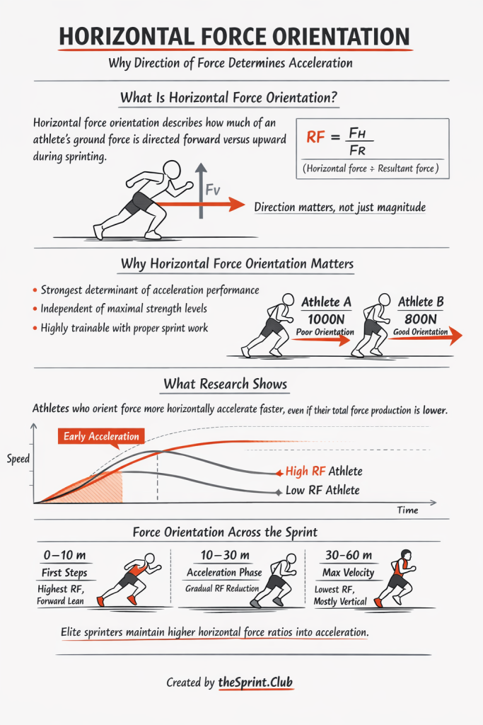 Infographic about horizontal force orientation in sprinting, showing formula, athlete diagrams, and a speed graph of high vs low RF.