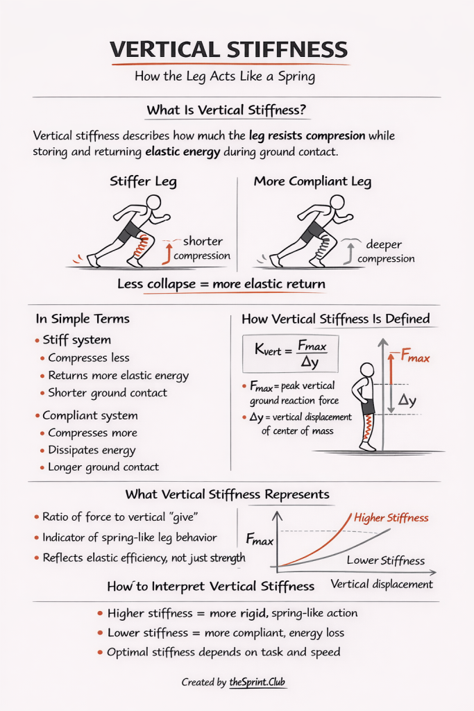 Infographic on vertical stiffness showing runner diagrams, spring-like leg comparison and formula Kvert=Fmax/Δy.