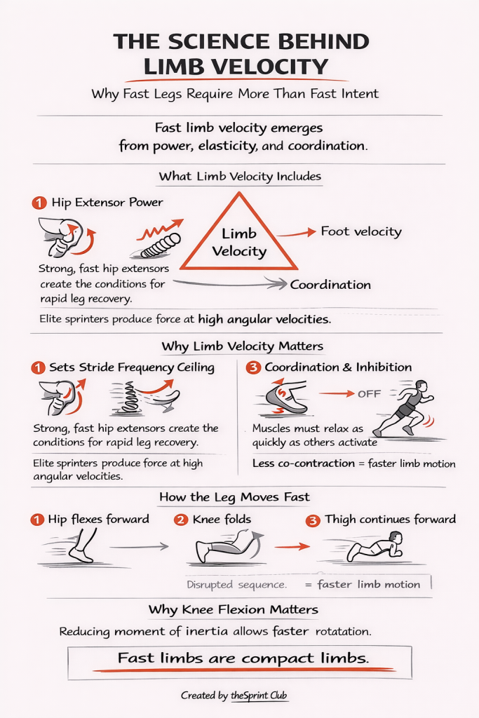 Infographic titled The Science Behind Limb Velocity showing how hip extensor power, coordination, and knee flexion create fast, compact limbs.