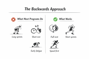 Comparison chart: typical—long sprints, short rest, early fatigue; effective—full rest, short sprints, speed first.