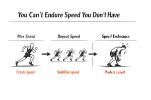 Three-stage chart: sprint (create speed); repeated sprints (stabilize speed); bent, sweating runner (protect speed).