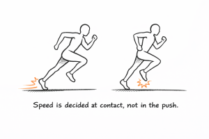 Two simple line-drawing runners side-by-side illustrating foot contact with orange impact marks and the caption "Speed is decided at contact, not in the push."