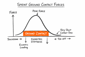 Bell-shaped sprint ground contact force curve peaking mid-contact above an orange bar, with touchdown and toe-off labeled.
