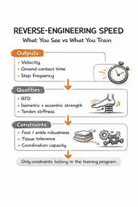 Diagram: speed outputs (velocity, ground contact, step frequency) mapped to qualities (RFD, strength, tendon) and constraints