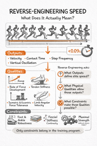 Infographic linking sprint sequence to outputs (velocity, contact time, step frequency), key qualities and training constraints.