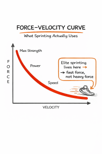 Force–velocity graph with a red curve from strength to speed and a note: elite sprinters favor fast not heavy force.