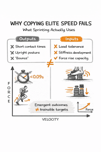 Infographic: sprinting depends on force‑rise capacity, not on copying outputs like short contact times or upright posture