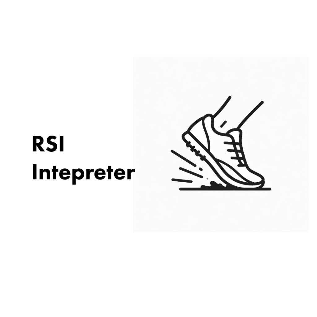 Left-side text "RSI Intepreter" beside a black line drawing of a running sneaker striking the ground with motion lines.