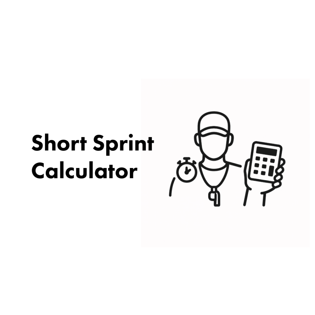 Title "Short Sprint Calculator" next to a line drawing of a coach with a stopwatch, whistle, cap, and a handheld calculator.